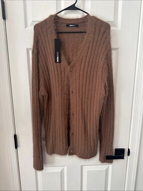 Fashion Nova Brown Fuzzy Ribbed V-Neck Cardigan